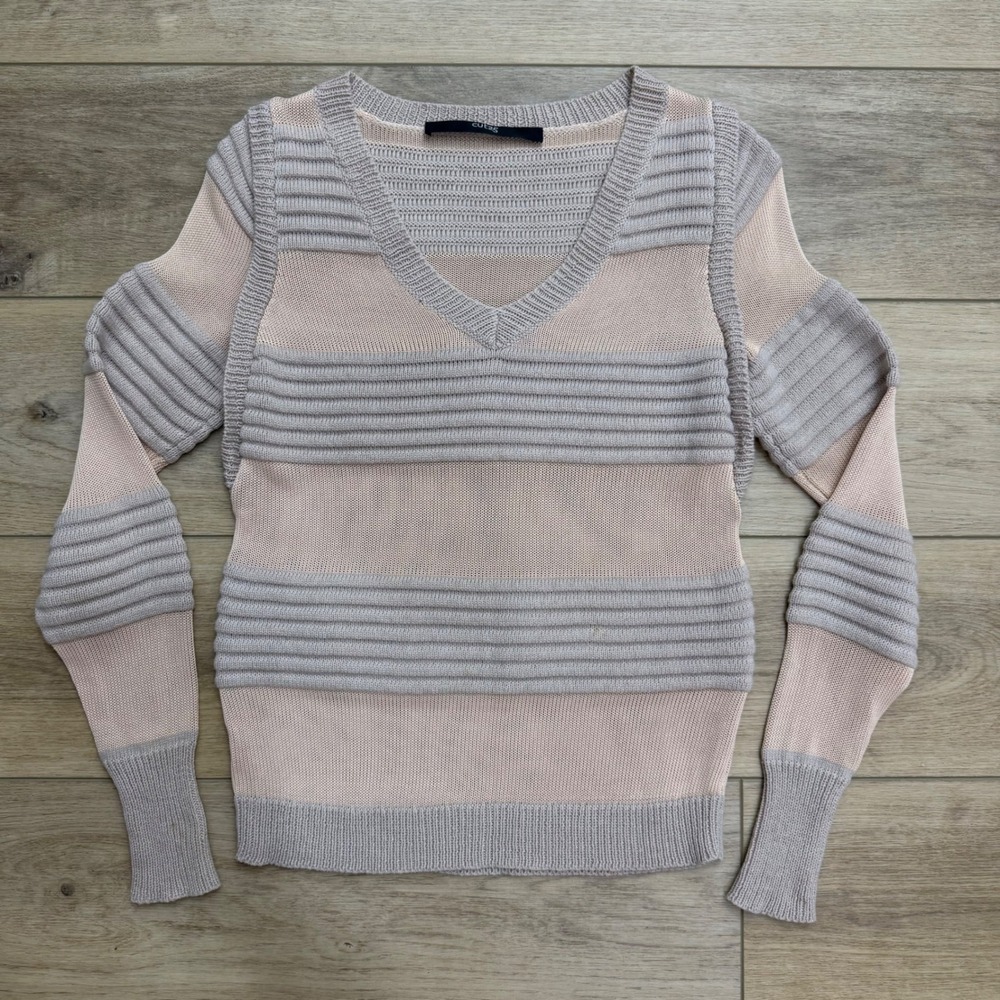 Cut25 by Yigal Azrouel Womens XS V-Neck Ribbed Sheer Knit Sweater Blush Gray
